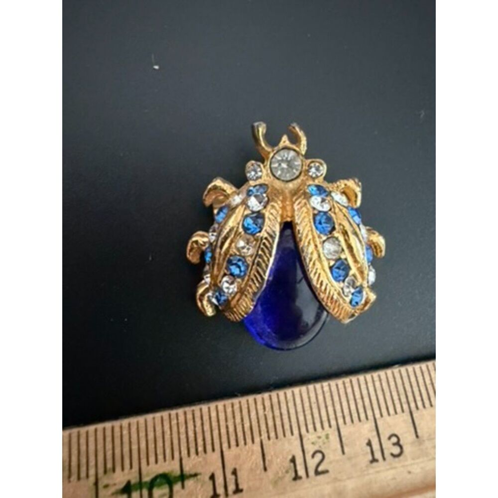 Vtg Bug pin. blue lapis, rhinestone and gold metal. 2 part clasp
